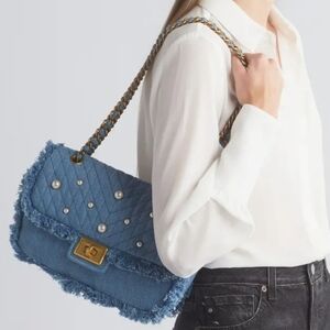 KARL LAGERFELD Agyness Quilted Pearl Chain Fringe Edge Denim Shoulder Bag‎
